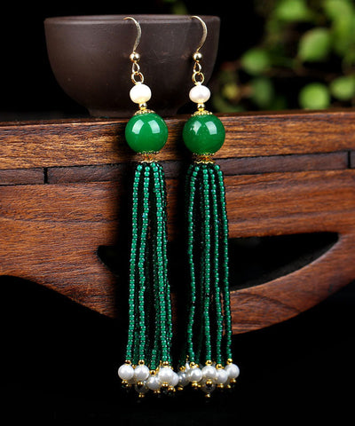Pendientes colgantes de perlas de vidrio verde seco, hechos a mano, en oro de 14 quilates, color verde negruzco 