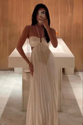Heißes, weißes, langes A-Linien-Abendkleid mit Neckholder und rückenfreiem Design 
