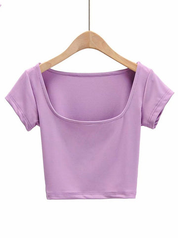 Women Petite Cap Sleeve Square Neck Crop T-shirt