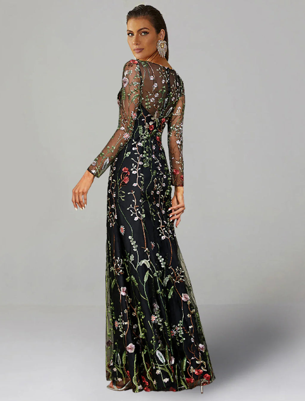 Etuikleid für Hochzeitsgäste, geblümtes Kleid, halbformell, bodenlang, langärmelig, mit Rundhalsausschnitt, Tüll, für Herbsthochzeiten 