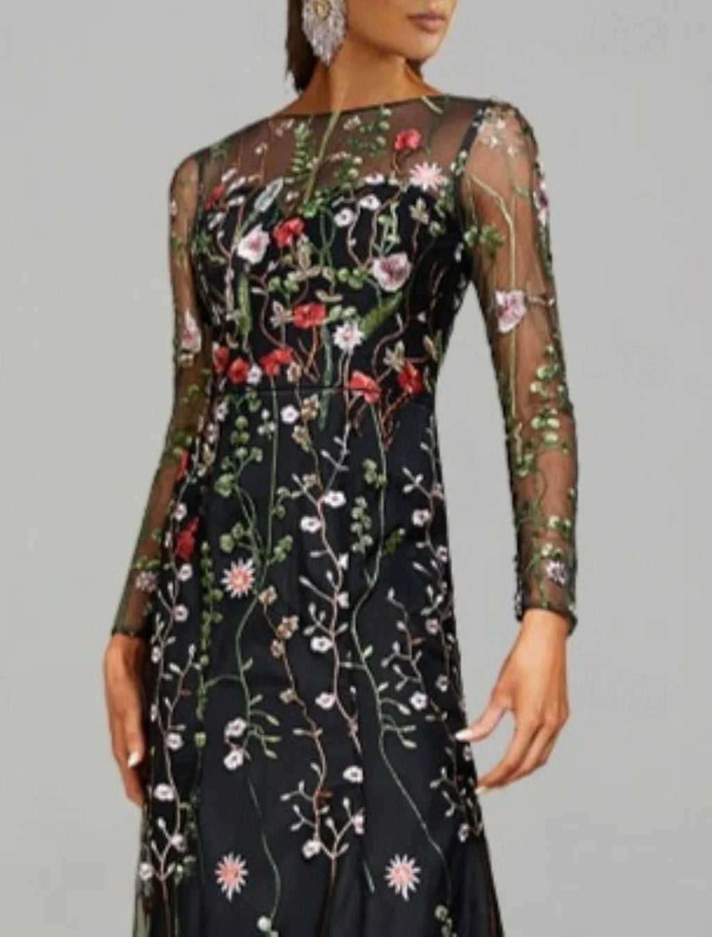 Etuikleid für Hochzeitsgäste, geblümtes Kleid, halbformell, bodenlang, langärmelig, mit Rundhalsausschnitt, Tüll, für Herbsthochzeiten 