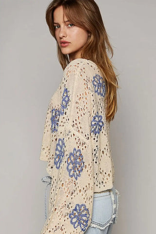 beige floral eyelet drop shoulder sweater