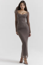 Mesh Lace Patchwork Boned Fitted High Slit Elegant Maxi Dress