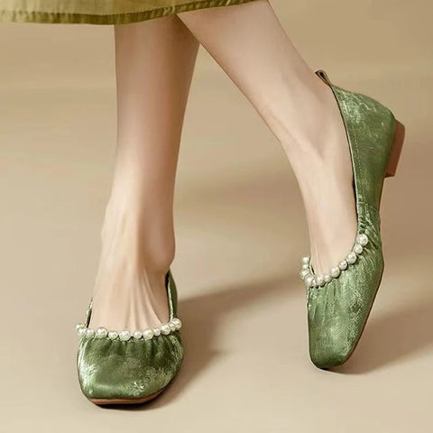 Zapatos planos con punta cuadrada y cuentas para mujer, zapatos de ballet elegantes y poco profundos con suela suave para baile, zapatos de fiesta de otoño 2024, zapatos cómodos. 