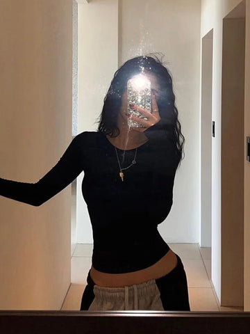 Sexy Long Sleeve Backless T Shirt Gothic Round-neck Skinny Women Crop Tops 2024 Autumn Fashion Black Tees Party Clubwear