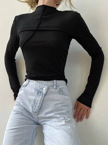 Camiseta de manga larga ajustada para mujer, estilo chic, de primavera y otoño, con cuello alto, básica, estilo urbano 