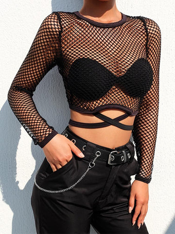 Sexy New Mesh Goth Long Sleeve T shirt Women Hollow See-through Fishnet Tops Summer Casual Shirt Streetwear Women's Clothing