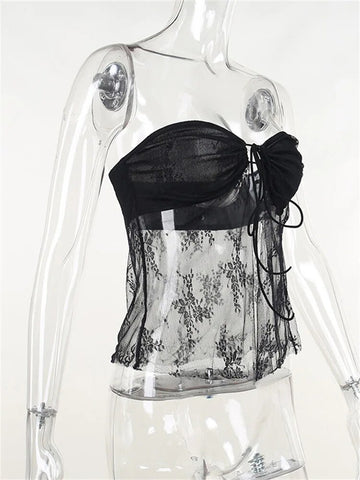 Bustiers de encaje, corsés sin tirantes, hombros descubiertos, tops de tubo, fiesta, malla transparente, camiseta de tirantes, mini chaleco de verano 2024, nuevo 
