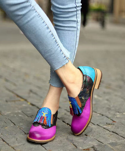 Colorblock Women Splicing Chunky Flat Shoes Cowhide Leather