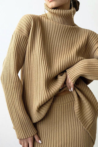 Vestido midi de dos piezas de cuello alto extragrande de punto acanalado de lujo para invierno - Caqui 