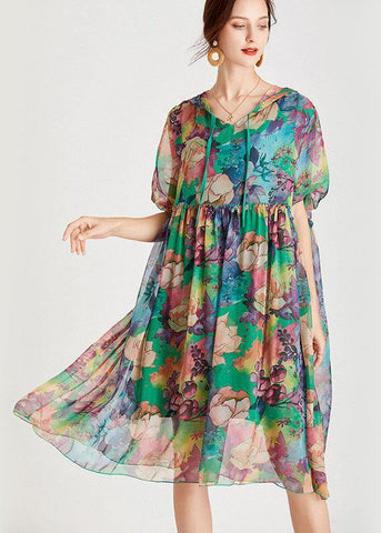 Vestido veraniego de gasa verde holgado con capucha y media manga para vacaciones 