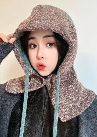 Gorro de punto azul cálido de invierno y cuello integrado resistente al viento y cálido 