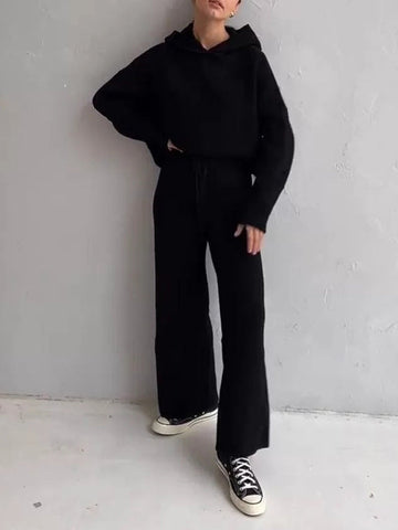 Conjunto de dos piezas de suéter holgado de color sólido con cuello redondo, capucha y mangas largas + pantalón con cordón ajustable 