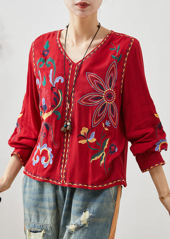 Blusas de lino bordadas con cuello en V rojo artístico de primavera 