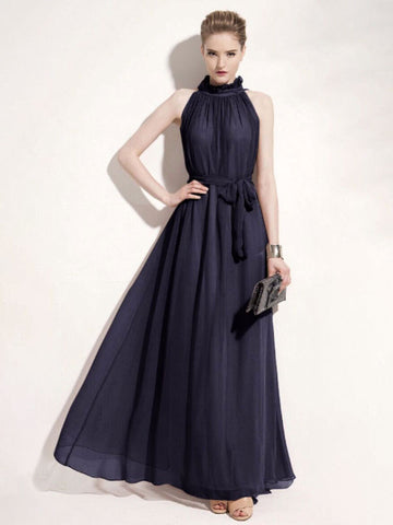 Summer Dress Maxi Dresses Purple Jewel Neck Lace Up Chiffon Beach Dress