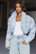 Printed Color Block Crop Quilted Puffer Jacket