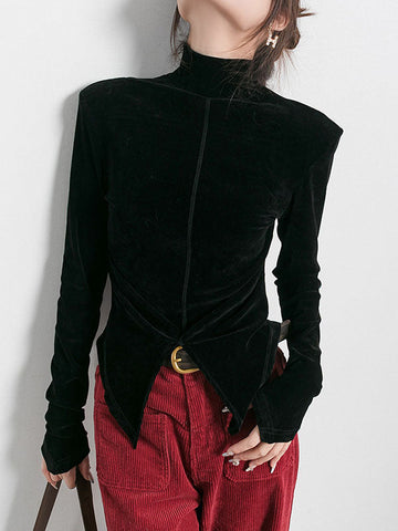 High-Low Long Sleeves Solid Color Split-Front Velvet Mock Neck T-Shirts Tops