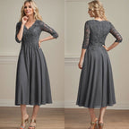 A-Linien-Kleid aus Chiffonspitze mit V-Ausschnitt, Teelänge, Perlen- und Paillettenstickerei für die Mutter der Braut 