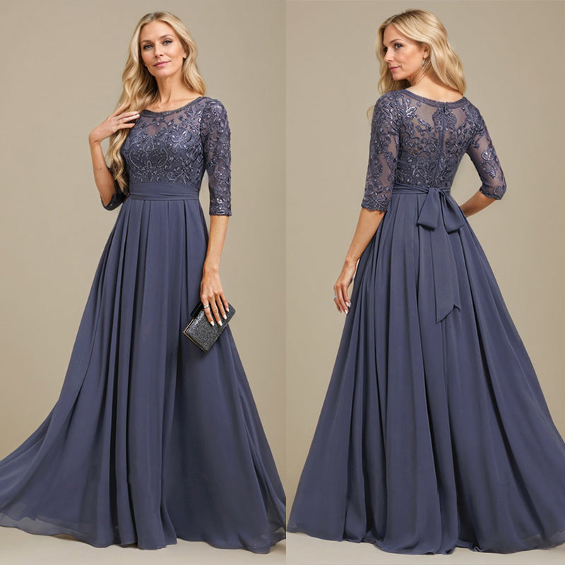 A-Linien-Kleid aus Chiffon mit Paillettenapplikationen und Rundhalsausschnitt, bodenlang, für die Mutter der Braut 