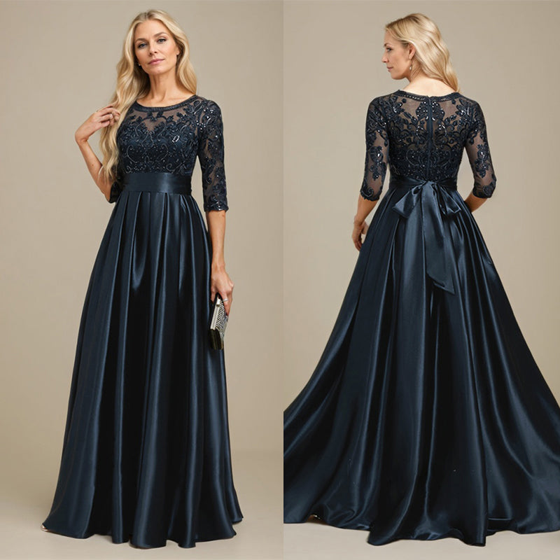 A-Linien-Kleid mit Illusion-Ausschnitt, bodenlang, aus Stretch-Satin und Spitze, verziert mit Schleife und Pailletten, für die Mutter der Braut 