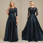 A-Linien-Kleid mit Illusion-Ausschnitt, bodenlang, aus Stretch-Satin und Spitze, verziert mit Schleife und Pailletten, für die Mutter der Braut 