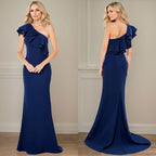 Vestido de gasa para madre de la novia, corte A, un hombro, largo hasta el suelo, con volantes 