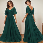 A-Linien-Kleid aus Chiffon mit V-Ausschnitt, bodenlang, mit Paillettenapplikationen, Spitze und Falten für die Mutter der Braut 