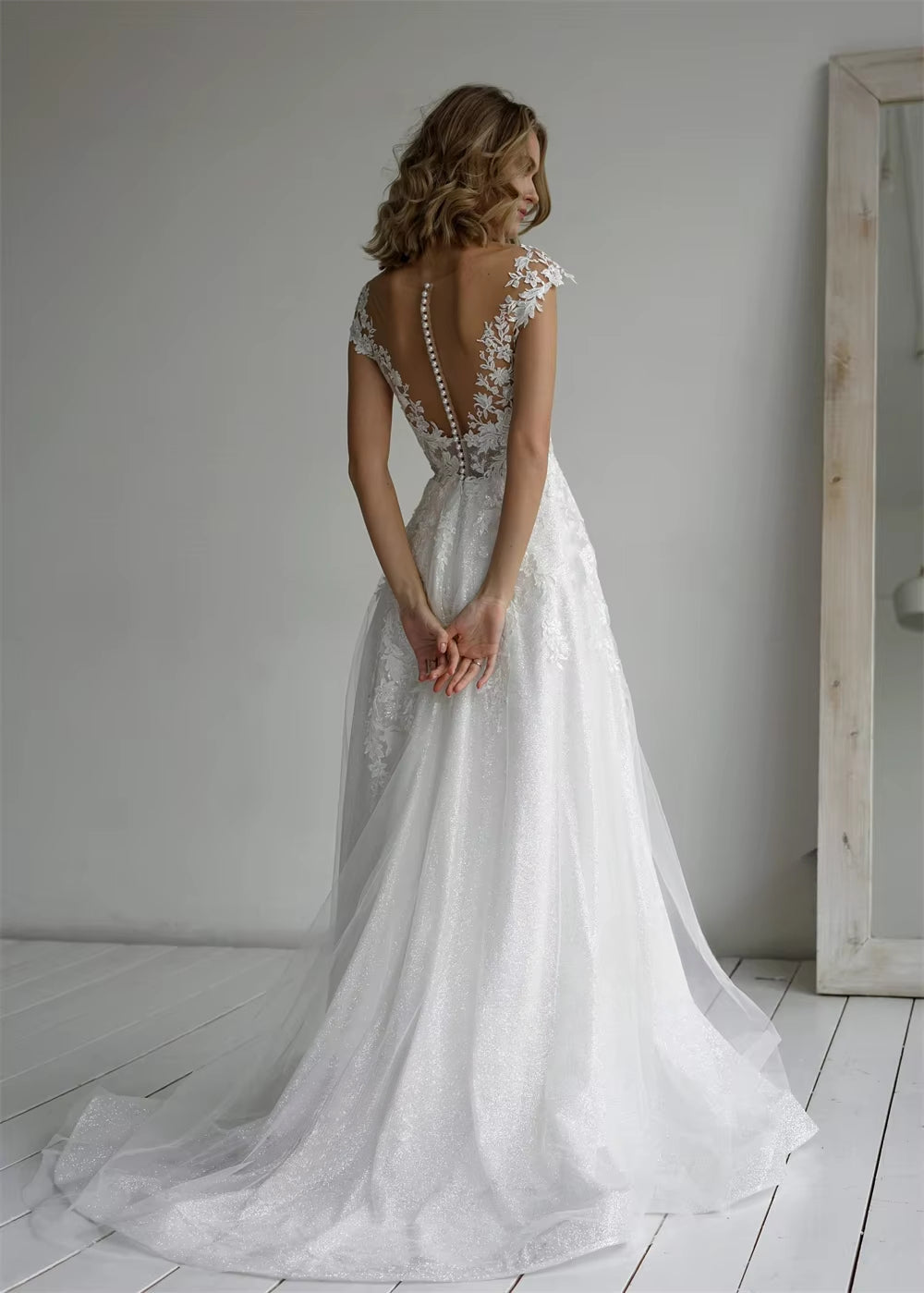 Lace A-line V-neck Sleeveless Sweep Train Wedding Dress, Bridal Gowns