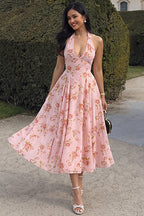Chic Print Halter Neck V Neck Sheer Mesh Backless Midi Dress