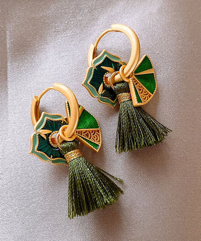 Chinese Style Green Copper Alloy Tassel Hoop Earrings