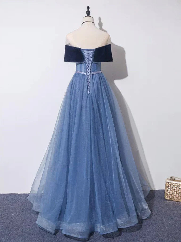 Schulterfreies Tüll-Abendkleid, langes Ballkleid, blaues festliches Kleid, Abendkleid, Partykleid