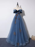 Schulterfreies Tüll-Abendkleid, langes Ballkleid, blaues festliches Kleid, Abendkleid, Partykleid