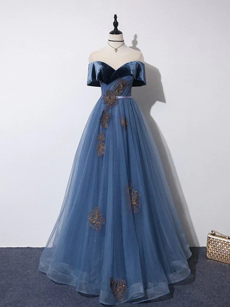 Schulterfreies Tüll-Abendkleid, langes Ballkleid, blaues festliches Kleid, Abendkleid, Partykleid