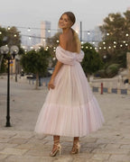 Light  A Line Off-the-shoulder Tulle Tea-Length Homecoming Dress Party Dress