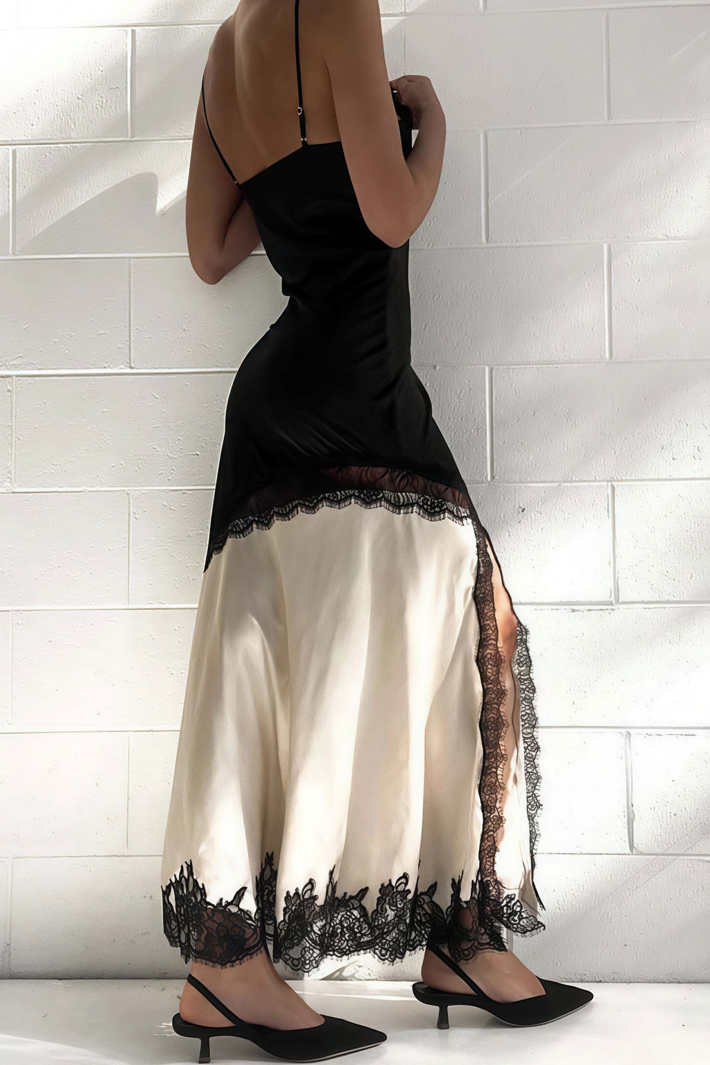 Lace Ruffled Patchwork Asymmetrical Spaghetti Strap Slit Maxi Dress