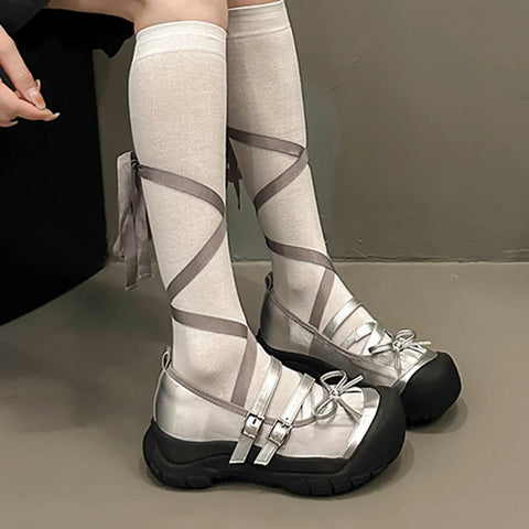 Flats Bow Ballet Dance Shoes Women Rome Shallow Sandals 2024 Autumn Designer New Platform Shoes Fashion Lace Up Female Chaussure