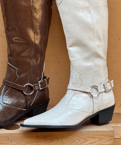 Botas gruesas de empalme de moda con punta puntiaguda de cuero sintético marrón 