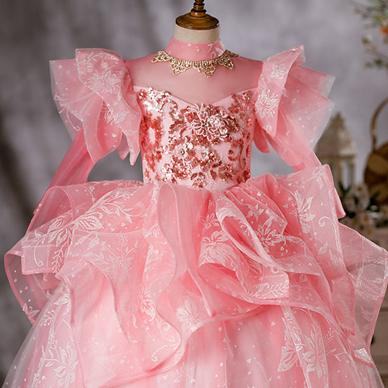 Kommunionkleid für Kleinkinder, Mädchengeburtstagsfeier, wunderschönes, flauschiges, langes Festkleid in Rosa 
