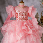 Kommunionkleid für Kleinkinder, Mädchengeburtstagsfeier, wunderschönes, flauschiges, langes Festkleid in Rosa 