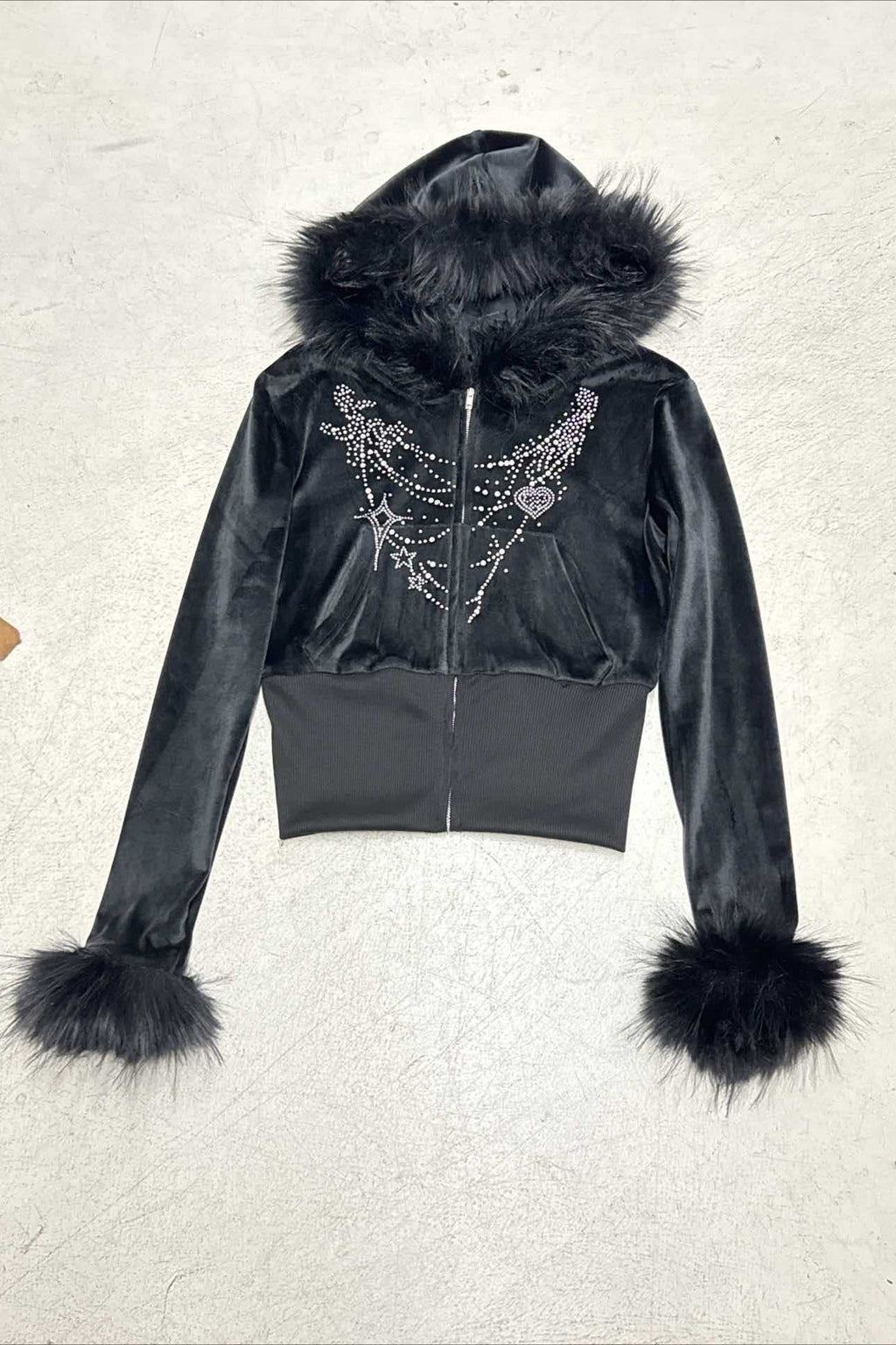 Gothic Rhinestone Fur Paneled Slim Hoodie