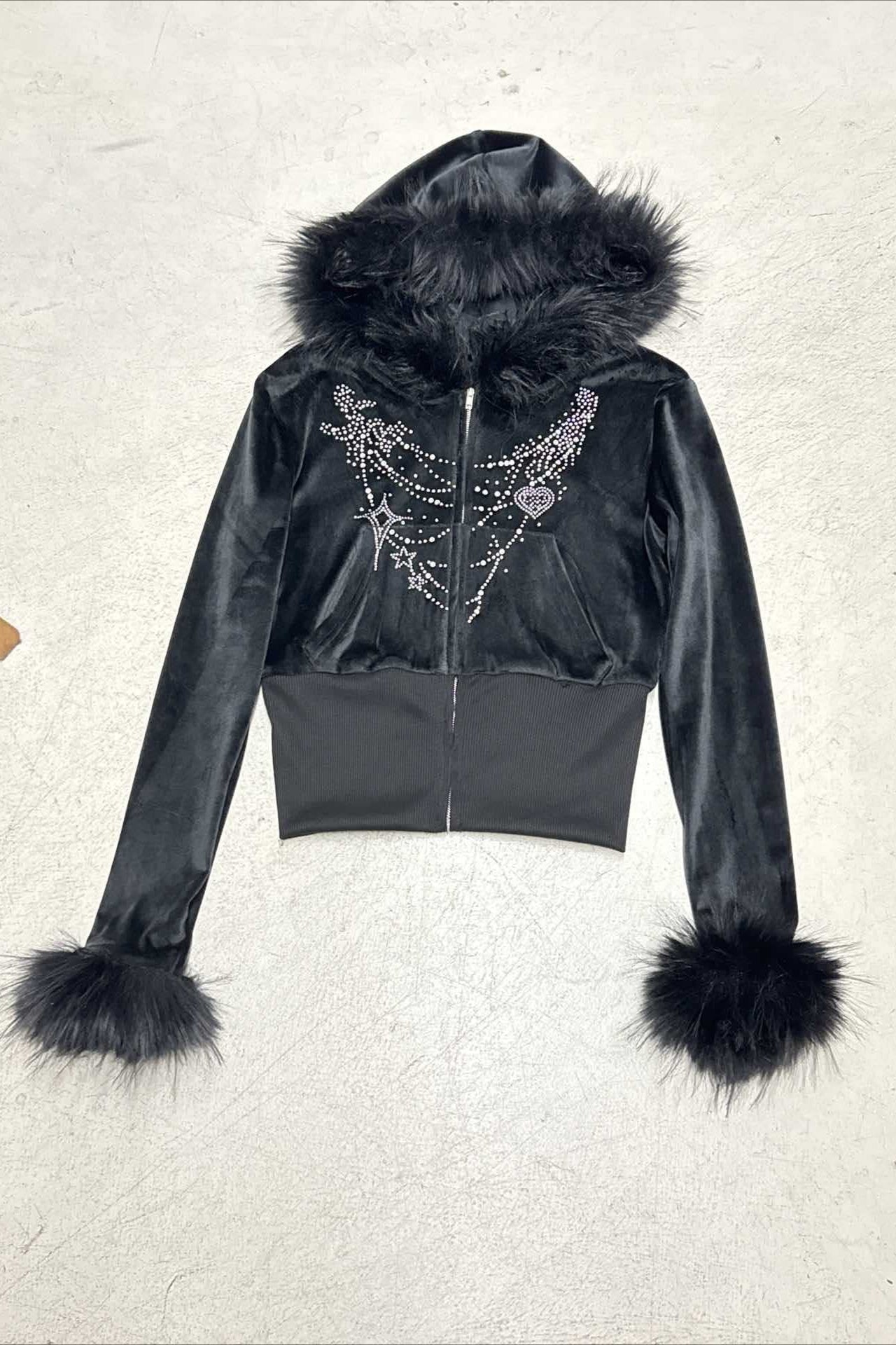 Gothic Rhinestone Fur Paneled Slim Hoodie