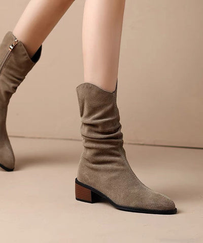 Botas gruesas con empalme de ante color caqui para mujer 