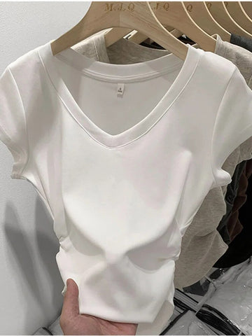 Nueva camiseta sexy de verano para mujer, camiseta elástica, ropa de estilo coreano para mujer, camiseta ajustada, camisetas de manga corta ajustadas para mujer 