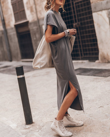 Simple and Effortless Open Sleeve Slit Oversized T-shirt Midi Dress