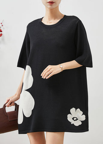 Minivestido elegante de algodón negro de gran tamaño con estampado floral para verano 