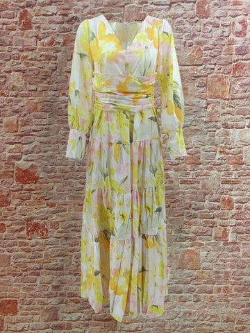 Maxi Dress V-Neck Long Sleeves Bohemian Floral Print Layered Pleated Long Dress