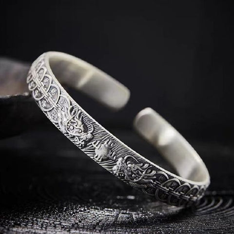 Sterling Silver Double Dragons Playing with Pearls Qianlong Copper Coin Bracelet