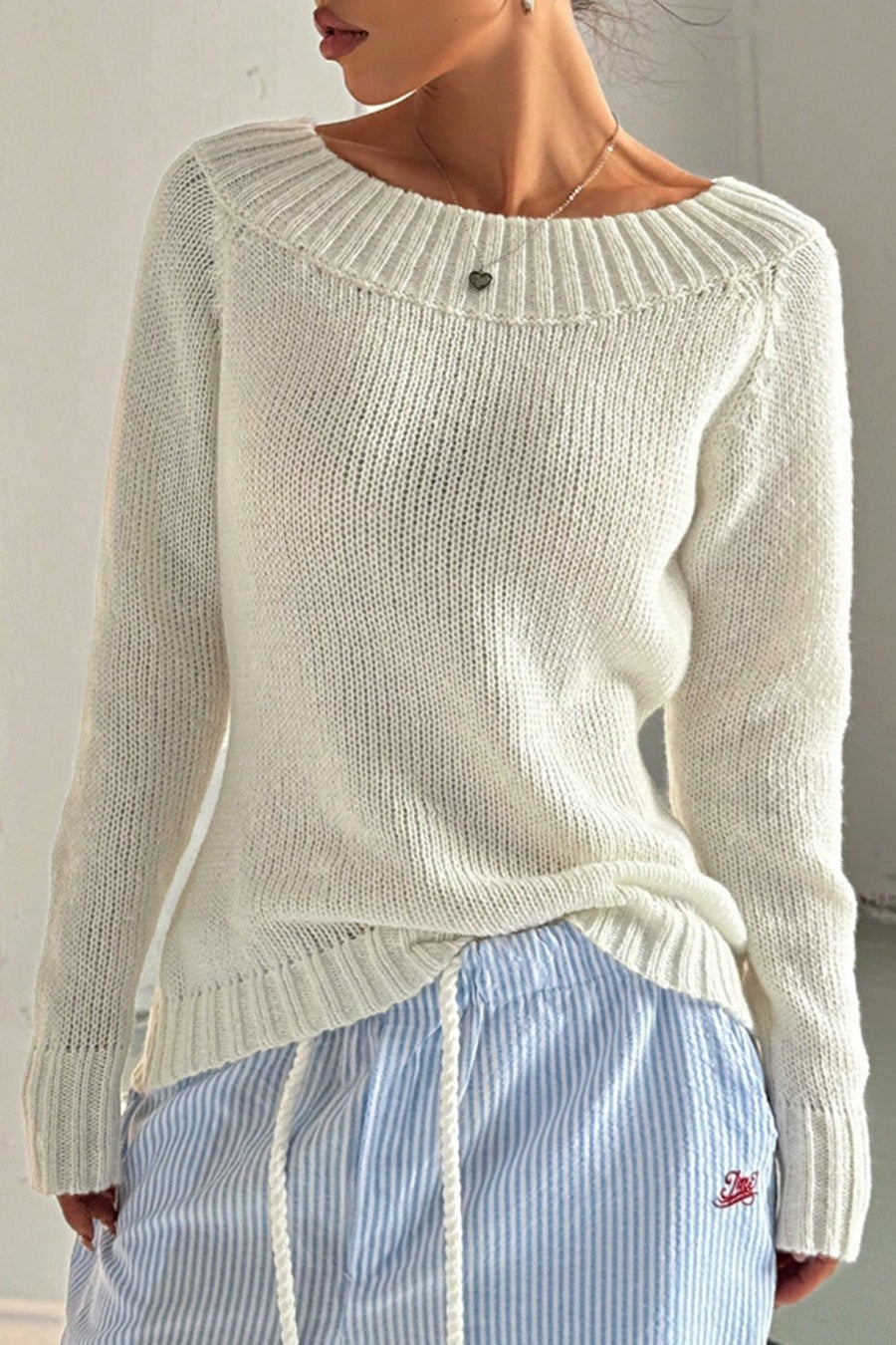 Solid Asymmetric Off-Shoulder Pullover Knit Top