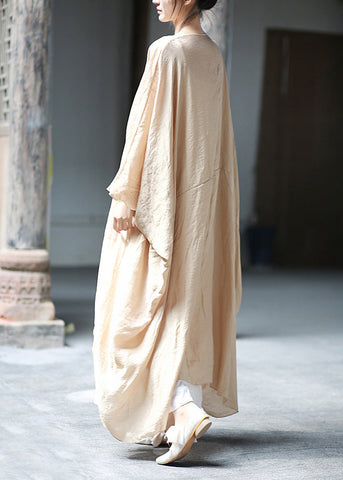 Plus Size Khakifarbene lange Strickjacke aus Baumwolle mit Fledermausärmeln 