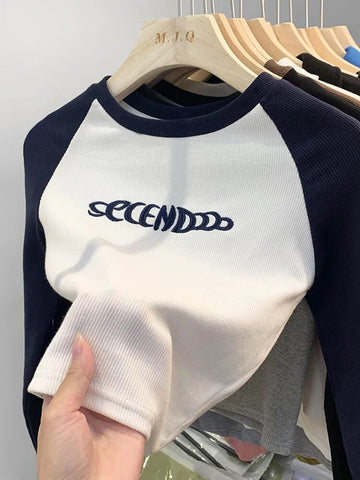 Letter Print T-Shirt Women Spring Long Sleeve Patchwork Tops Fashion Retro Contrast Color Crop Top Hot Girl Kpop Skinny Y2K Tees